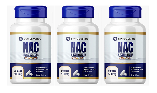 Kit 3 NAC N-Acetilcisteína 500mg - 180 Cápsulas Status Verde