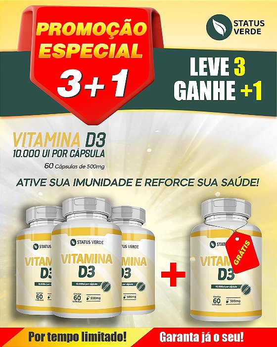 PROMOÇÃO - Kit 3 Vitamina D3 180 Cápsulas-500mg Status Verde 1 GRÁTIS