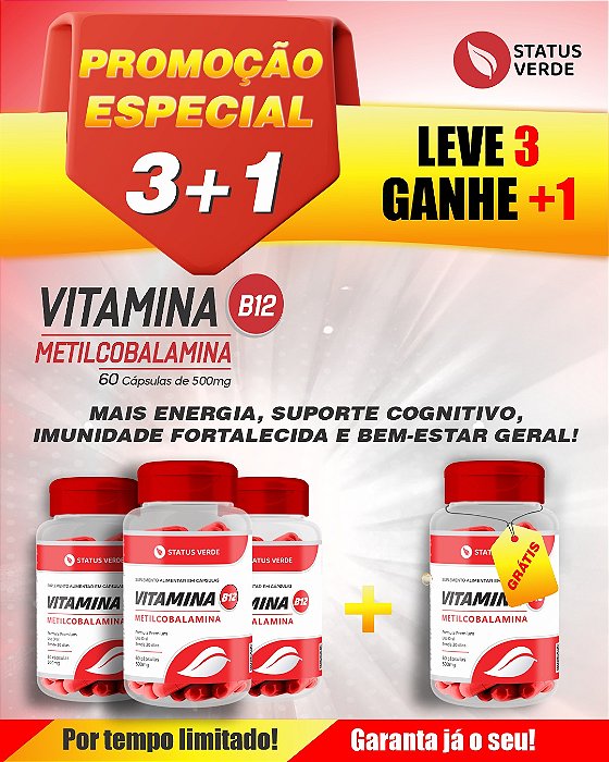 PROMOÇÃO - Kit 3 Metilcobalamina Vitamina B12 - 180 Cápsulas 500 mg Status Verde 1 GRÁTIS