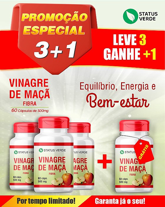 PROMOÇÃO - Kit 3 Vinagre de Maçã 180 Cápsulas 500mg Status Verde 1 GRÁTIS