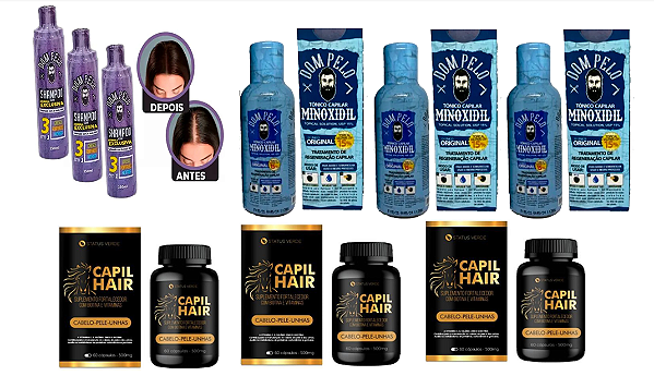 Kit 9 PRODUTOS 3 MINOXIDIL 15% + 3 CAPIL HAIR 180 CÁPSULAS 3 SHAMPOO CRESCIMENTO
