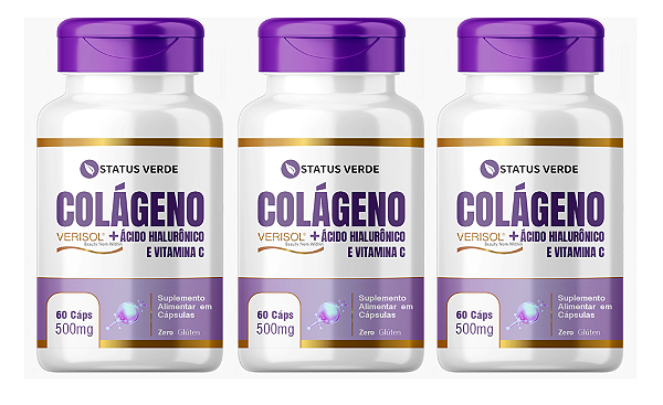 Kit 3 Colágeno Verisol + Ácido Hialurônico e Vitamina C 180 Cápsulas 500mg Status Verde