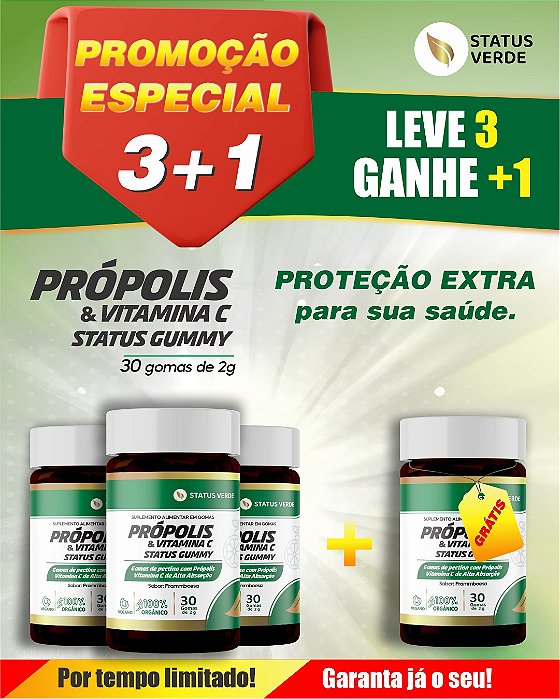 PROMOÇÃO - Kit 3 Própolis e Vitamina C 180 Gomas 2g Status Gummy - 1 GRÁTIS