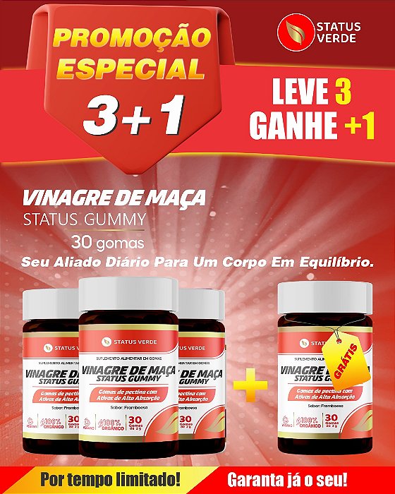 PROMOÇÃO - Kit 3 Vinagre de Maçã 3 x 30 Gomas 2G Status Gummy Orgânico - 1 GRÁTIS