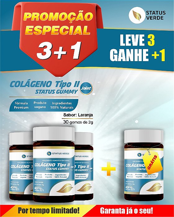PROMOÇÃO - Kit 3 Colágeno Tipo II Status Gummy 40mg 90 Gomas Sabor de Laranja - 1 GRÁTIS