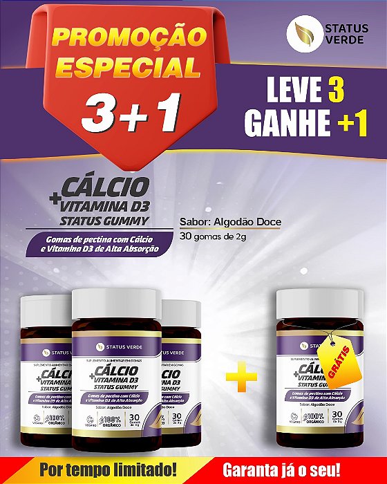 PROMOÇÃO - Cálcio e Vitamina D3 - 30 Gomas Sabor Algodão Doce Status Gummy - 1 GRÁTIS