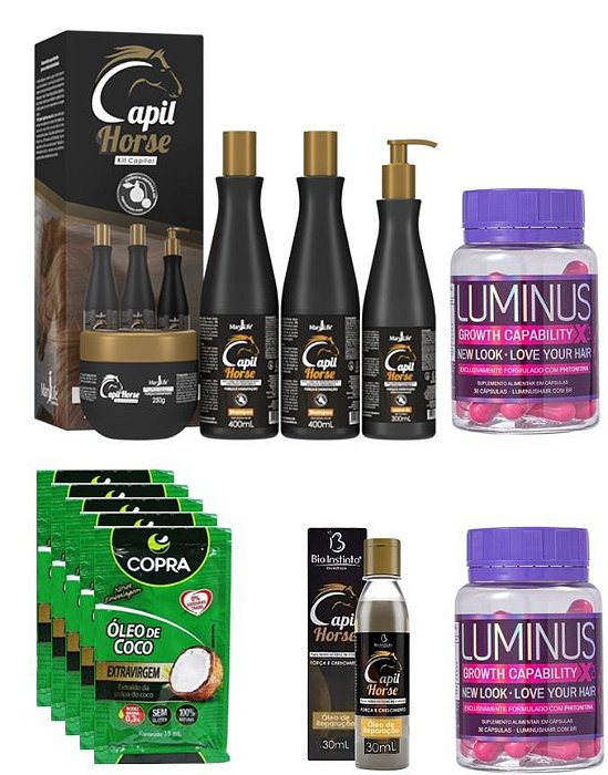 Crescimento dos Cabelos Capil Horse + 2 Luminus + 5 Óleo De Coco Sachê 15ml +1 Reparador