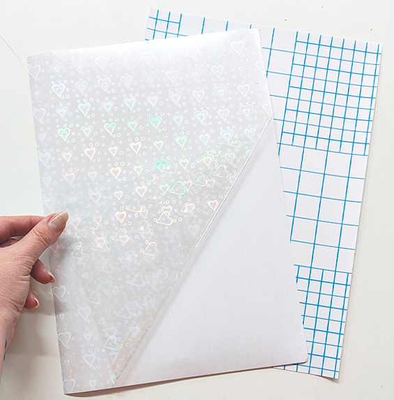 Papel Adesivo Holográfico Vinil Corações A4 - BOPP A FRIO
