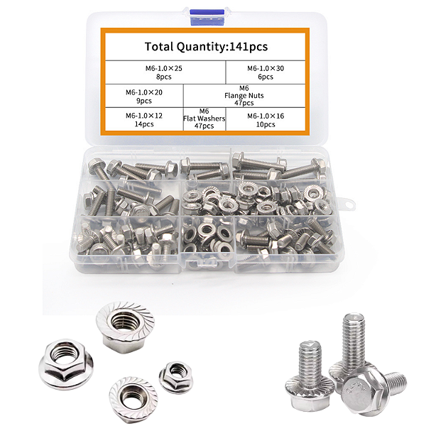 KIT 141 PARAFUSOS PORCAS SEXTAVADOS FLANGE FLANGEADO INOX M6
