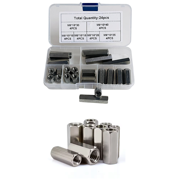 KIT 24 PORCAS ESPAÇADOR EXTENSOR COM ROSCA INOX HEXAGONAL M6