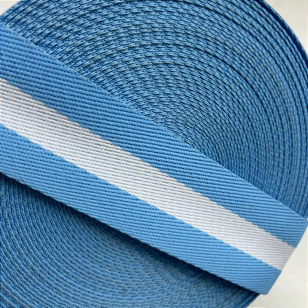 Alça Chic - Azul com listra branca  30MM - Rolo com 25MM
