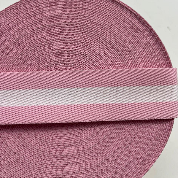 Alça Chic - Rosa Bebe com listra branca  30MM - Rolo com 25MM