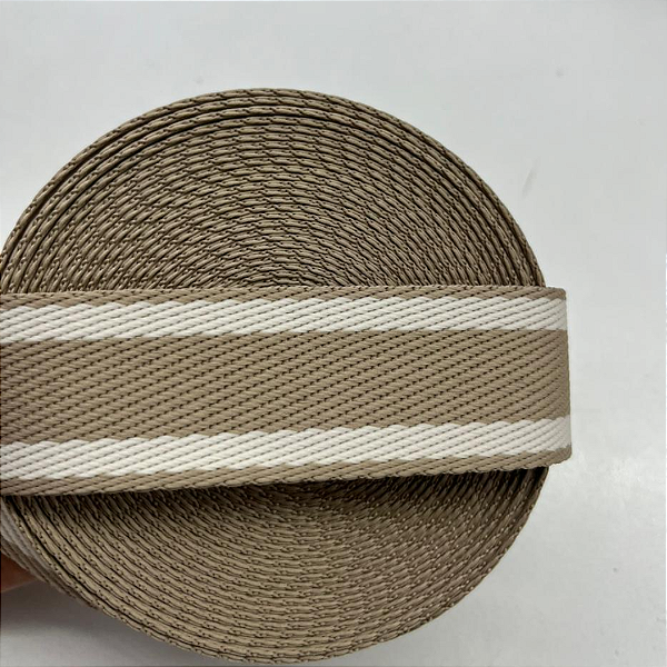 Alça Chic - Marfim com listra branca  30MM - Rolo com 25MM
