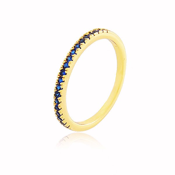 Anel Cravejado Micro-Ônix Azul Banho Ouro Quebec 18k