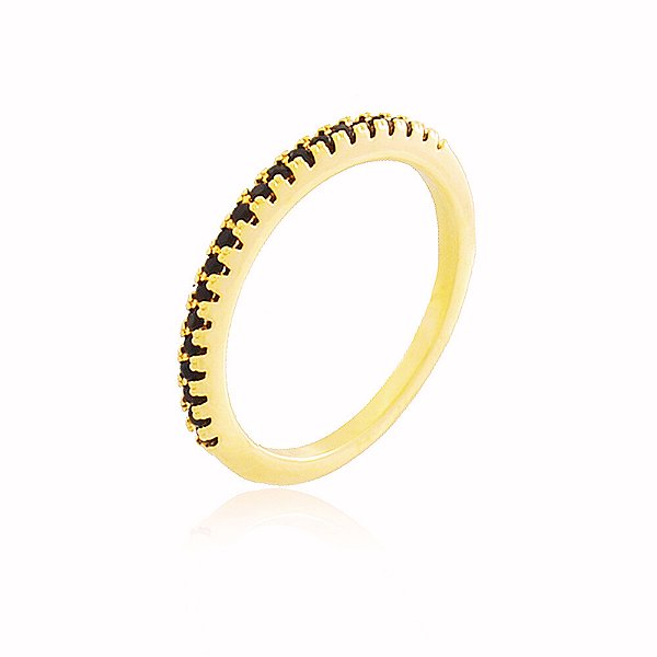 Anel Cravejado Ônix Preto Banho Ouro Quebec 18k