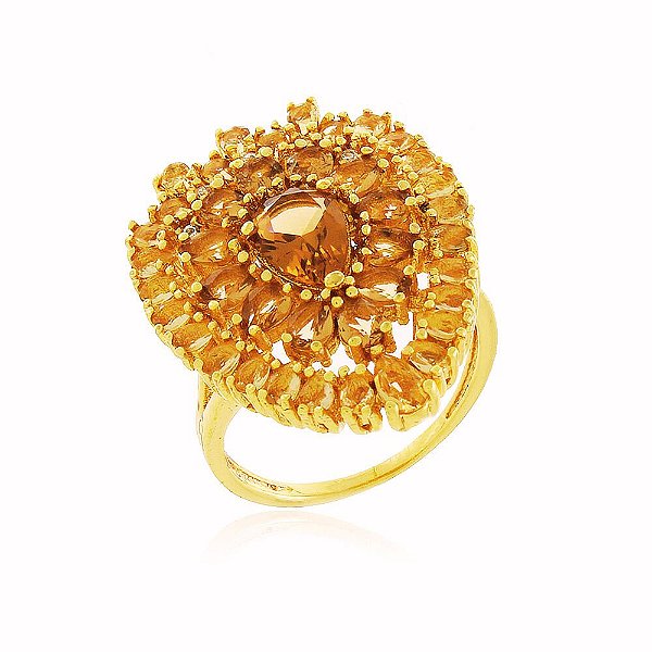 Anel Flor Cravejado Ônix Amarelo Banho Ouro Quebec 18k
