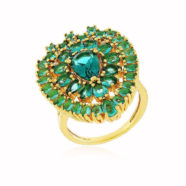 Anel Flor Cravejado Ônix Verde Banho Ouro Quebec 18k