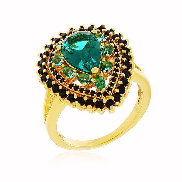 Anel Flor Cravejado Ônix Verde e Preto Banho Ouro Quebec 18k