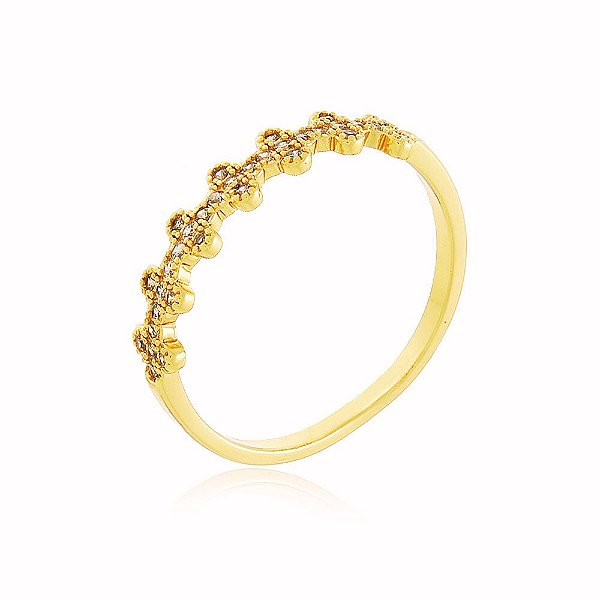 Anel Solitário Cravejado Micro-Zircônia Banho Ouro Quebec 18k