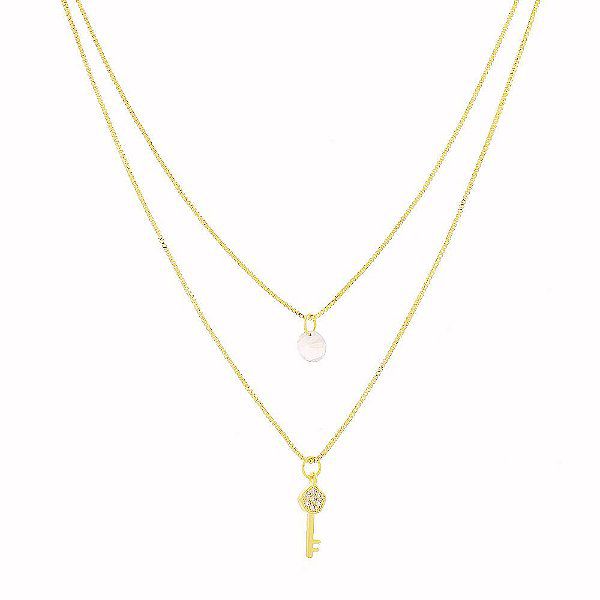 Colar 2 em 1 Veneziana com Pingente Cristal Banho Ouro 18k Fecho Boia