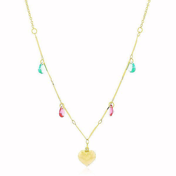 Colar Entrelaçado Pingente Coração Ônix Banho Ouro 18k Fecho Boia