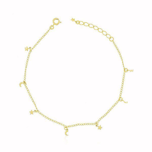 Pulseira Americana Lua Estrela Banho Ouro 18k Fecho Boia