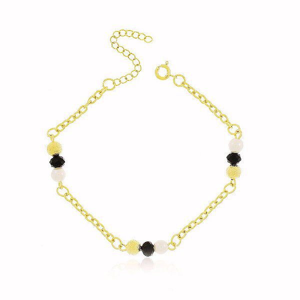 Pulseira Americana Ônix Preto Banho Ouro 18k Fecho Boia