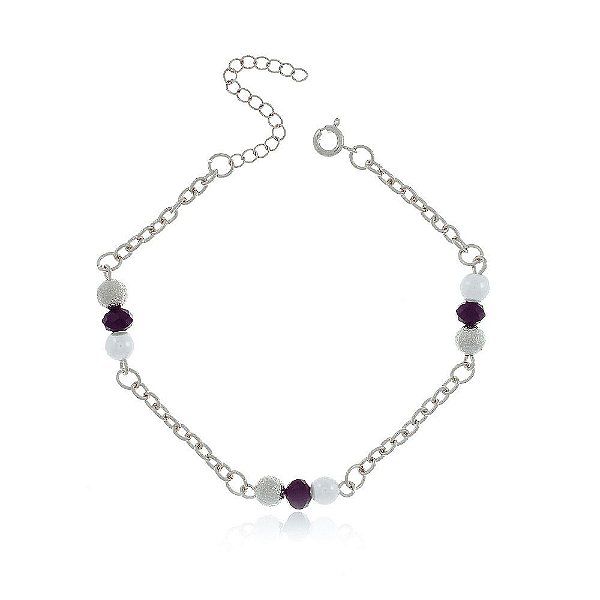 Pulseira Americana Pedra Ônix Preto Banho Ródio Negro Fecho Boia