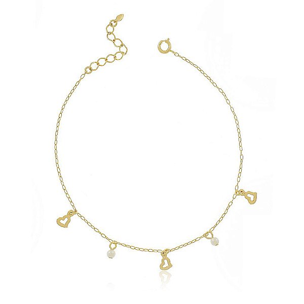 Tornozeleira Coração Pérola Banho Ouro Quebec 18k Fecho Boia