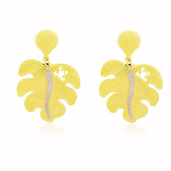 Brinco Folha Detalhe Ródio Banho Ouro Quebec 18k