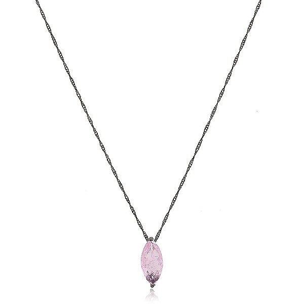 Colar Ródio Negro Pedra Ônix Rosa Banho Ouro Quebec 18k Fecho Boia