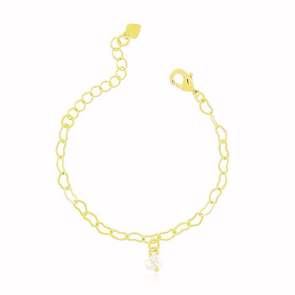 Pulseira Infantil Elo Coração Zircônia Banho Ouro Quebec Fecho Inglês