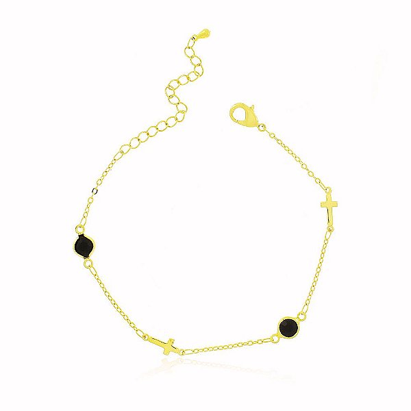 Tornozeleira Cruz Ônix Preto Banho Ouro Quebec 18k Fecho Lagosta