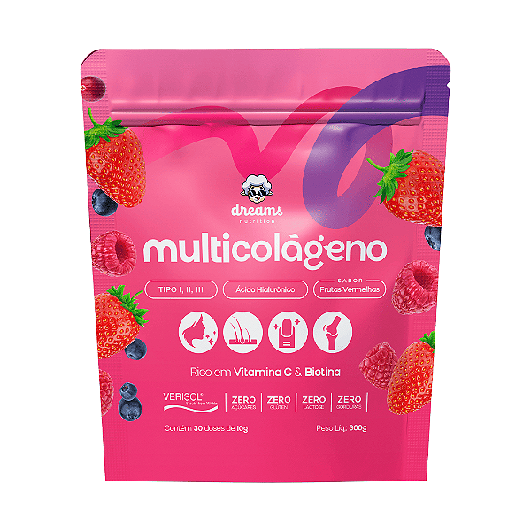 Multicolágeno Dreams Nutrition Tipo I, II e III + Ácido Hialurônico Em Pó 300g Sabor Frutas Vermelhas