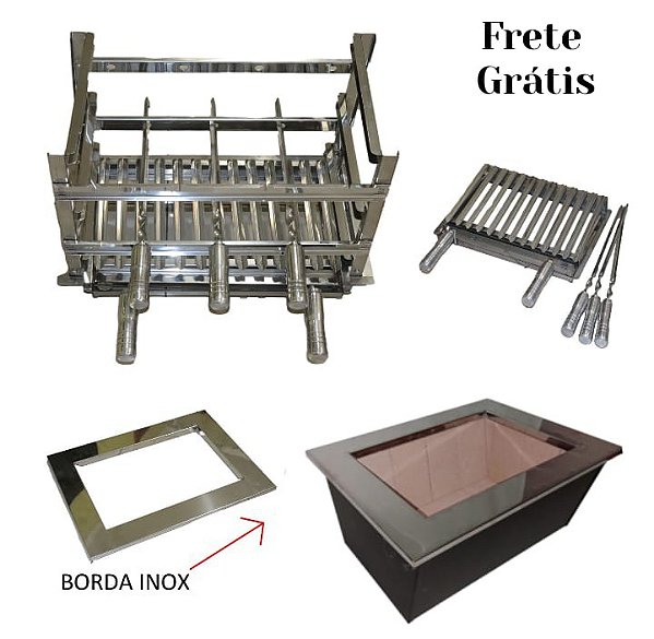 Braseiro Duplo em aço carbono 60x45 com Grill grelha Argentina e 3 espetos