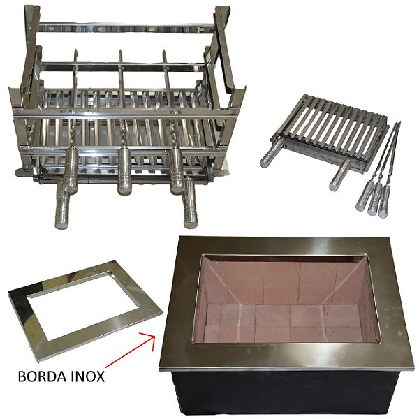 Braseiro Duplo Aço Carbono com Pedras refratarias 70x45 C/ Grll Grelha Argentina com 4 Espetos