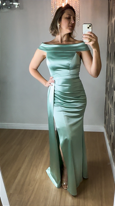 Vestido Longo de Festa Verde Menta em Cetim