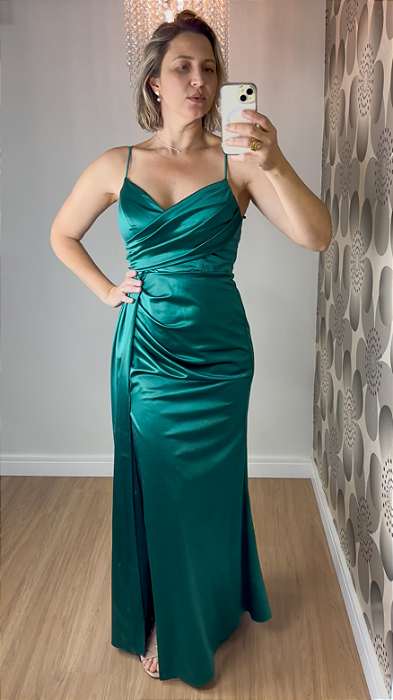 Vestido Longo Verde Esmeralda em Cetim Acetinado