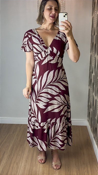 Vestido Longo Estampado Folhagem Vinho