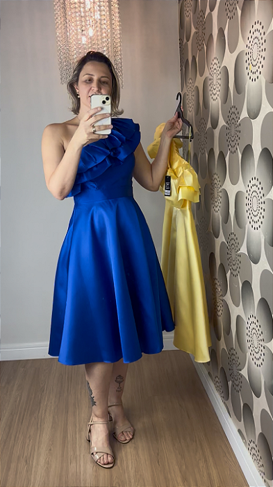Vestido Azul Midi de Um Ombro Só