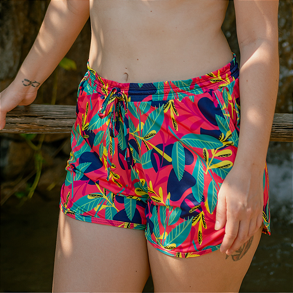 Shorts Estampado em Poliamida com Bolsinho e Recorte Lateral