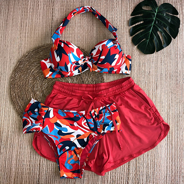 Conjunto Bojo Lia +Calcinha Mesma Estampa Bombom + Shorts em Poliamida Liso