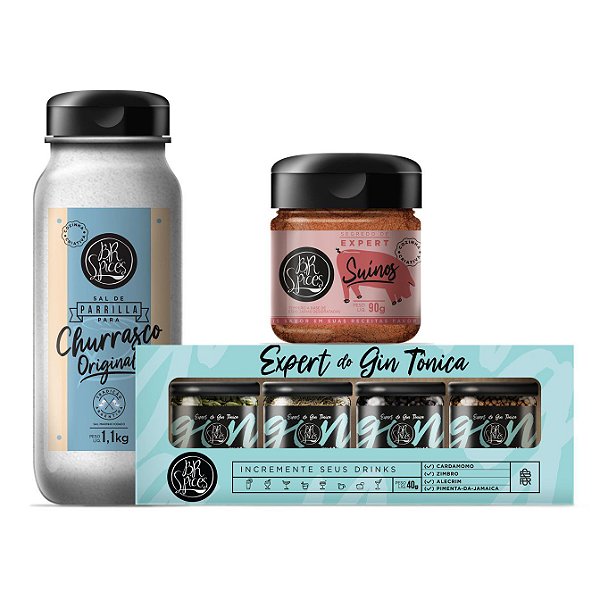 Kit com Sal Parrilla Clássico 500g + Tempero Segredo de Expert Suínos + Kit Gin
