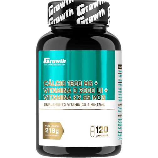 Cálcio (1500mg) + Vitamina D3 (2000ui) + Vitamina K2 (65mcg) - 120 Comprimidos - Growth Supplements