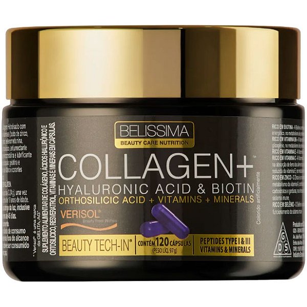 Collagen+ (Colágeno Verisol + Ácido Hialurônico + Biotina) - 120 Cápsulas - Belíssima Beauty