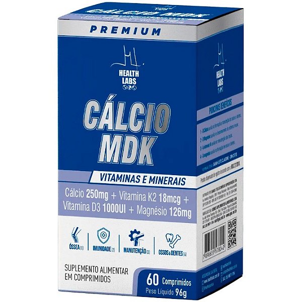 Cálcio MDK (Cálcio 250mg + K2 18mcg + D3 1000ui + Magnésio 126mg) - 60 Comprimidos - Health Labs