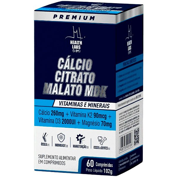 Cálcio Citrato Malato MDK (Cálcio 260mg + K2 90mcg + D3 2000ui + Magnésio 70mg) - 60 Comprimidos - Health Labs