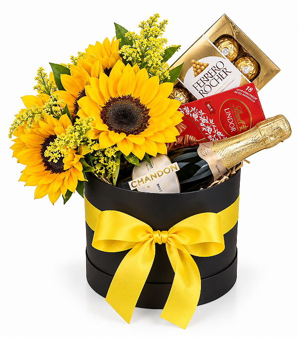 Arranjo de Girassóis com Chocolates e Chandon Baby