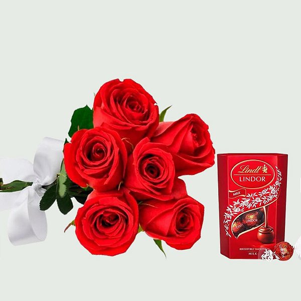 Buquê de 6 Rosas Vermelhas com Chocolate Lindt