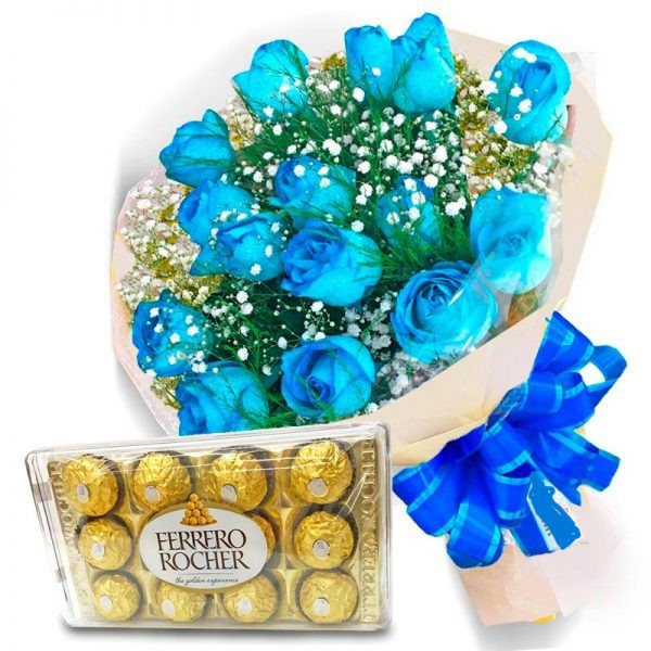 Buque 12 Rosas Azuis e Chocolate Ferrero Rocher